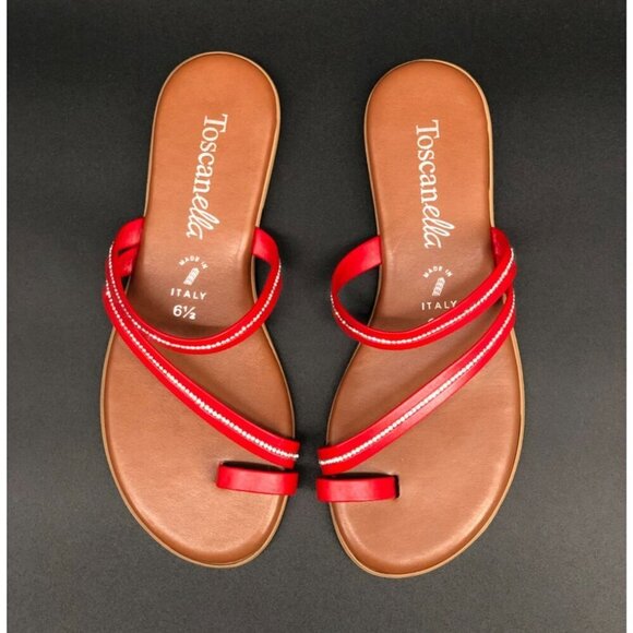 Toscanella Women's Slip-On Flat Sandals Size 6.5 Red Rhinestone Straps Summer - Picture 2 of 8